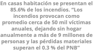 En casas habitación se presentan el 85.6% de los incendios. “Los incendios provocan como promedio cerca de 50 mil víctimas anuales, dejando sin hogar anualmente a más de 9 millones de personas y las pérdidas materiales superan el 0.3 % del PNB”